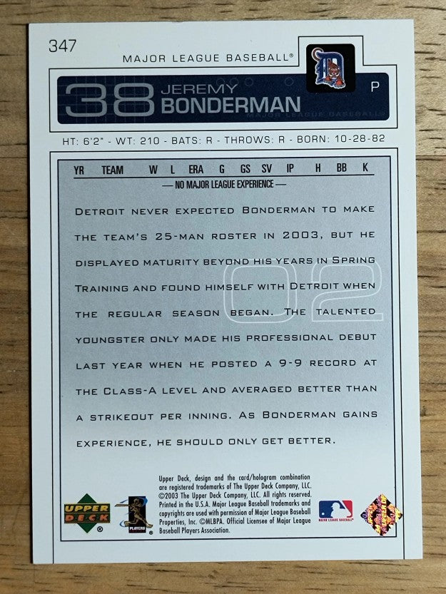 2003 Upper Deck #347 Jeremy Bonderman RC