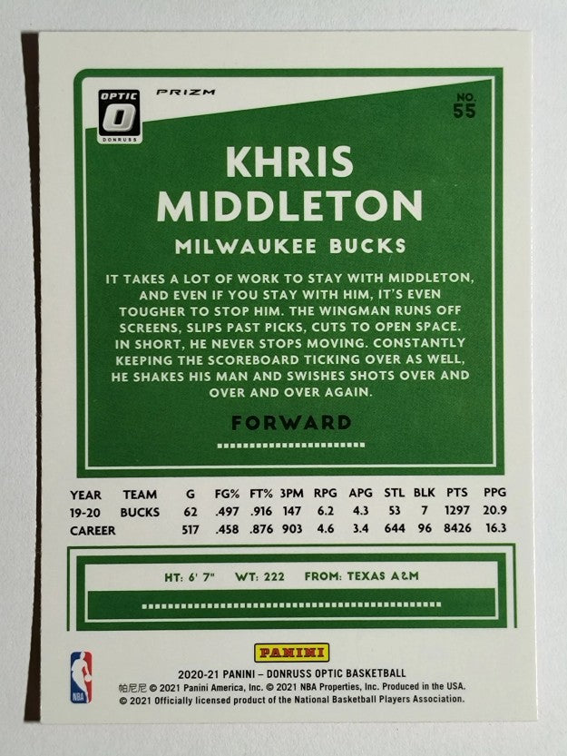 2020-21 Donruss Optic Hyper Pink #55 Khris Middleton