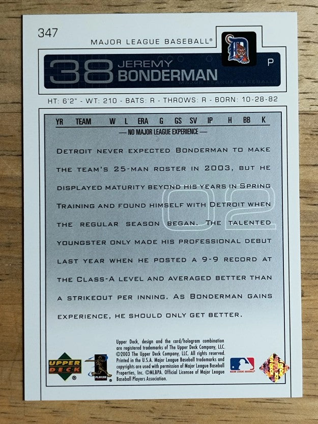 2003 Upper Deck #347 Jeremy Bonderman RC