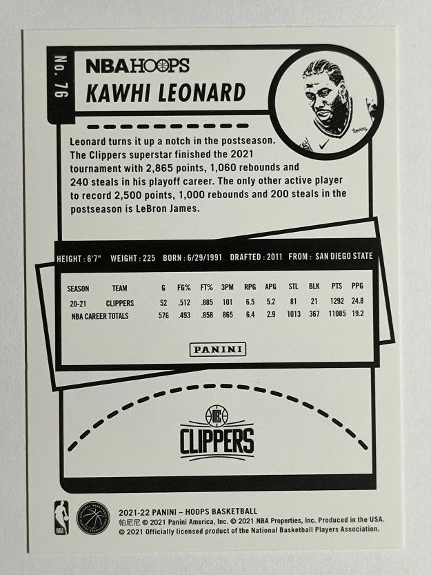 2021-22 Hoops #76 Kawhi Leonard