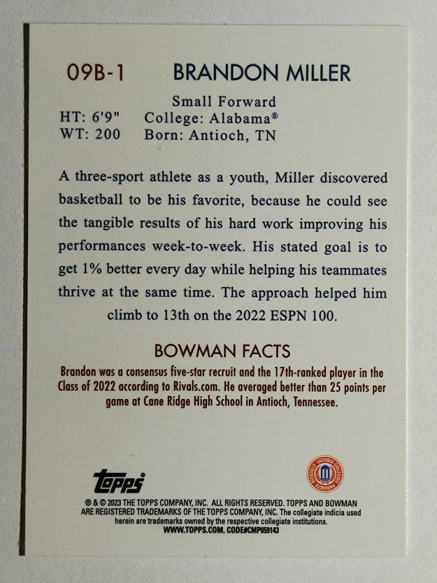 2022-23 Bowman Chrome University '09 Bowman #09B1 Brandon Miller