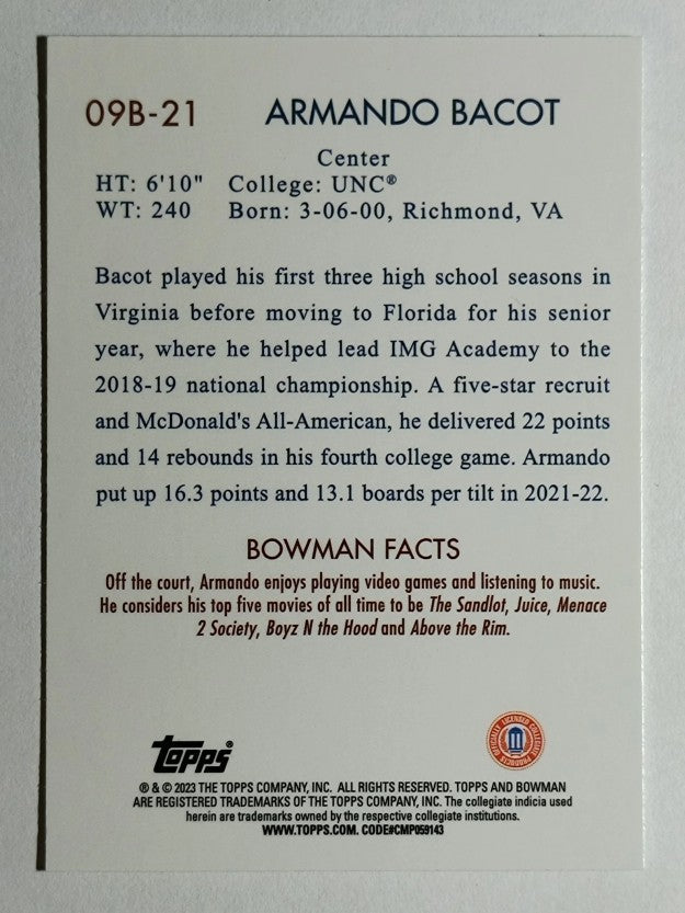 2022-23 Bowman Chrome University '09 Bowman #09B21 Armando Bacot