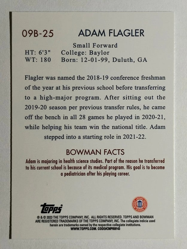 2022-23 Bowman Chrome University '09 Bowman #09B25 Adam Flagler