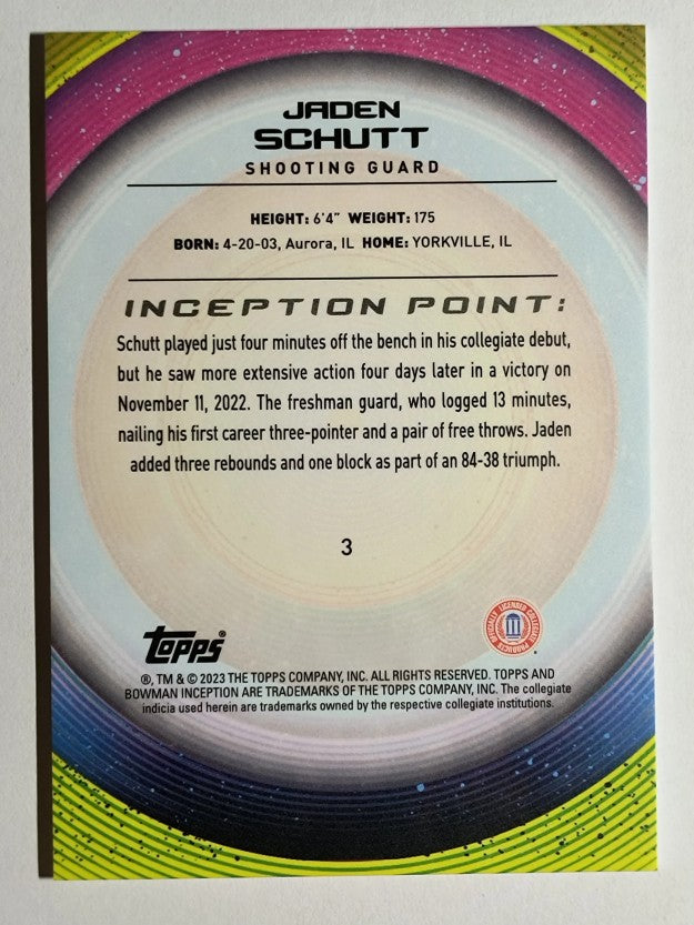 2022-23 Bowman Inception University Aqua Foil V2 #3 Jaden Schutt