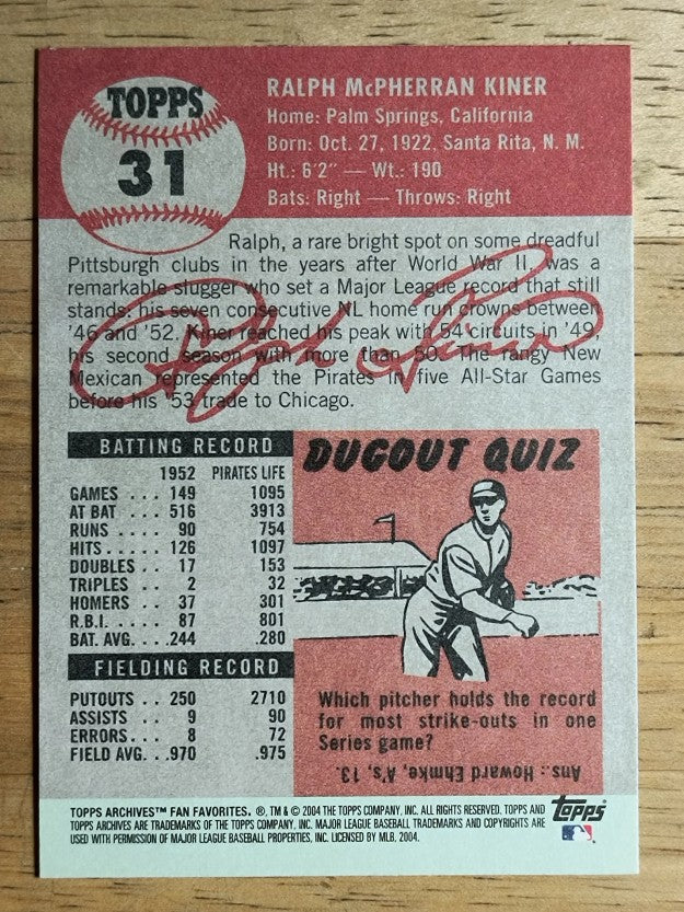 2004 Topps All-Time Fan Favorites #31 Ralph Kiner