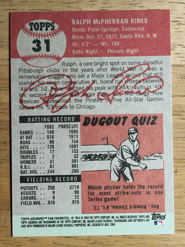 2004 Topps All-Time Fan Favorites #31 Ralph Kiner