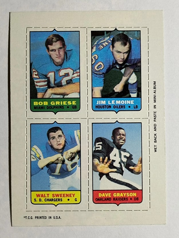 1969 Topps Four-in-One Bob Griese/Jim LeMoine/Dave Grayson/Walt Sweeney (NMMT)