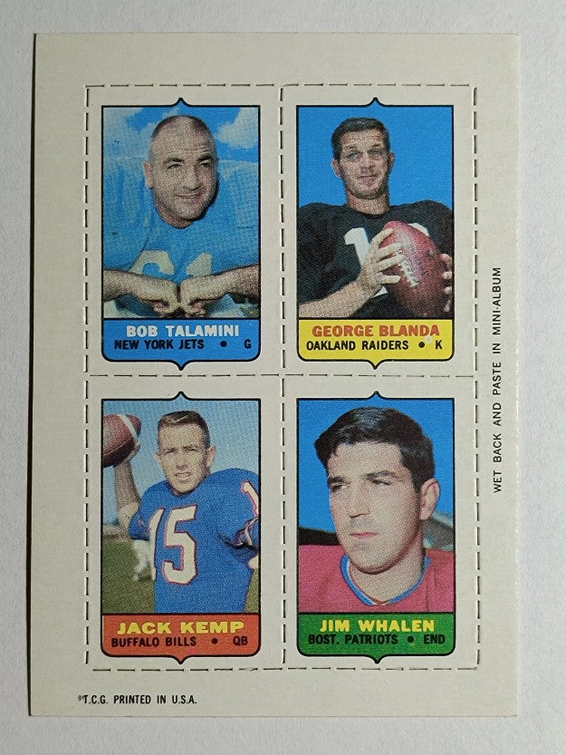 1969 Topps Four-in-One Bob Talamini/George Blanda/Jim Whalen/Jack Kemp (NM)