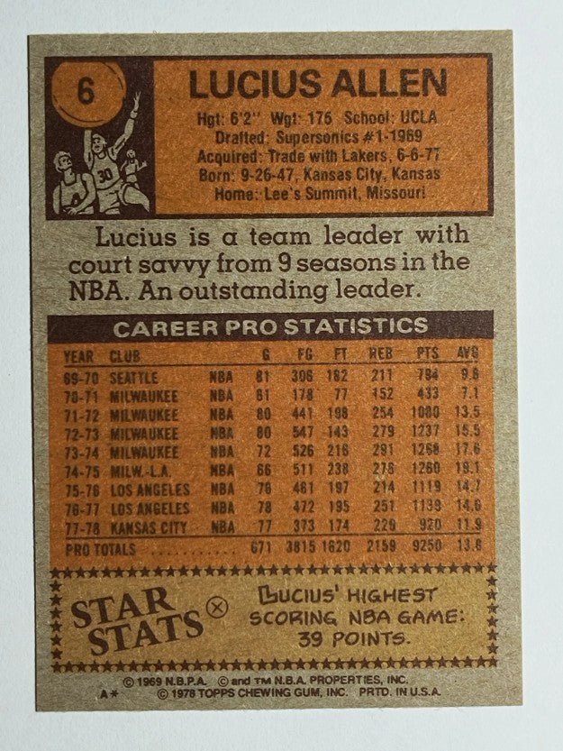 1978-79 Topps #6 Lucius Allen (MINT)