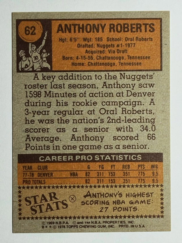 1978-79 Topps #62 Anthony Roberts (NMMT)