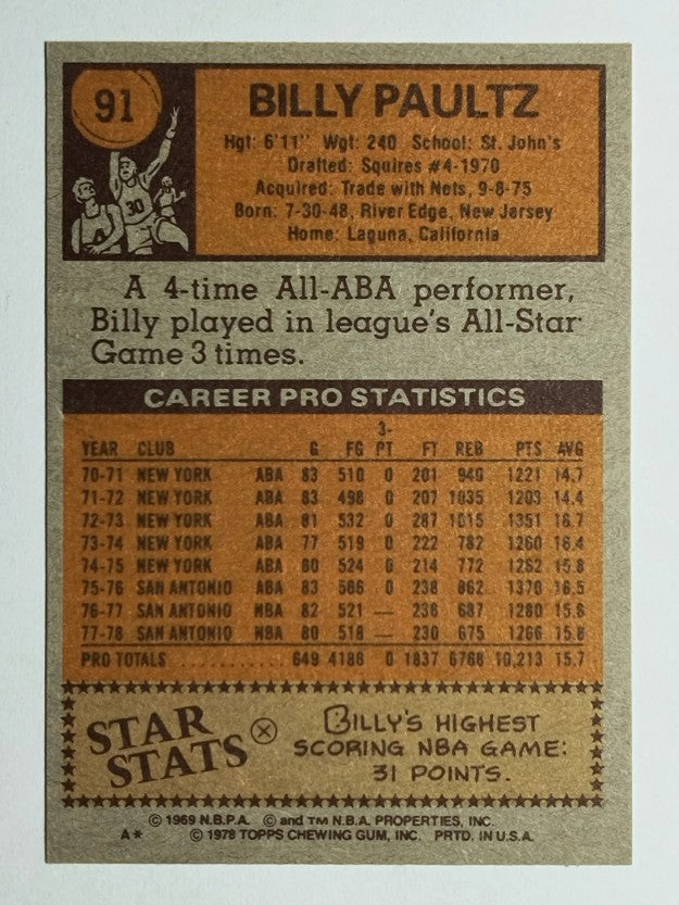 1978-79 Topps #91 Billy Paultz (NMMT)
