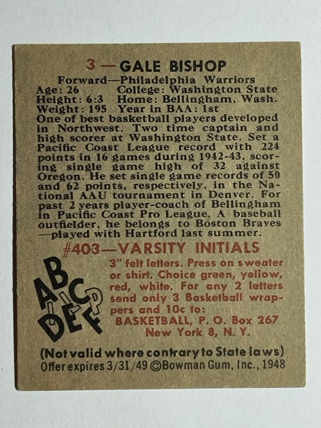 1948 Bowman #3 Gale Bishop (EXMT)
