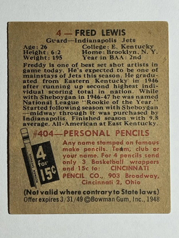 1948 Bowman #4 Fred Lewis RC (EXMT)