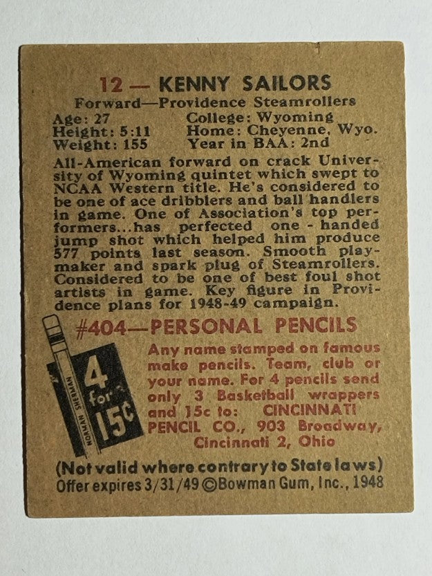 1948 Bowman #12 Kenny Sailors RC (EX)