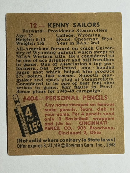 1948 Bowman #12 Kenny Sailors RC (EX)