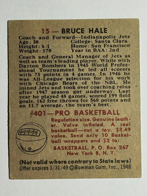 1948 Bowman #15 Bruce Hale RC (EX)