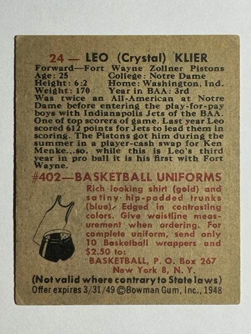 1948 Bowman #24 Leo Crystal Klier (VGEX)
