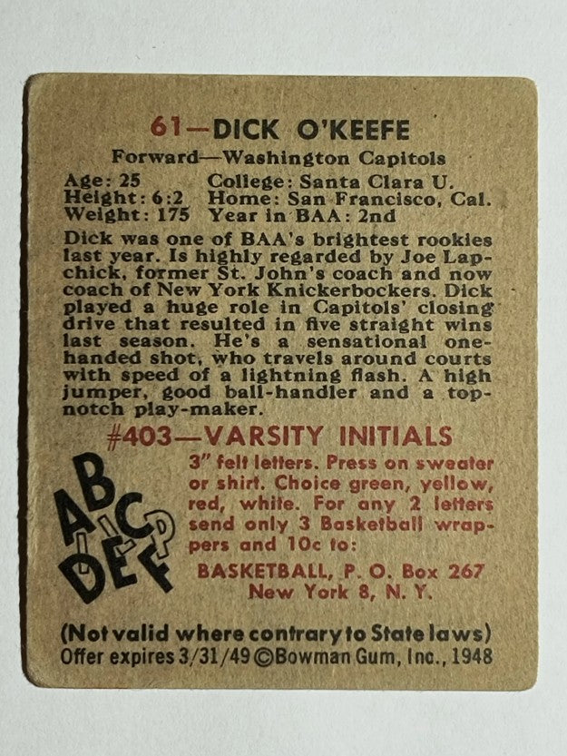 1948 Bowman #61 Dick O'Keefe (VGEX)