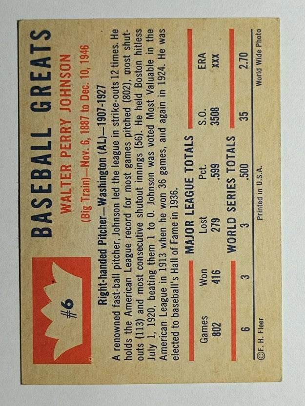 1960 Fleer #6 Walter Johnson (EXMT)