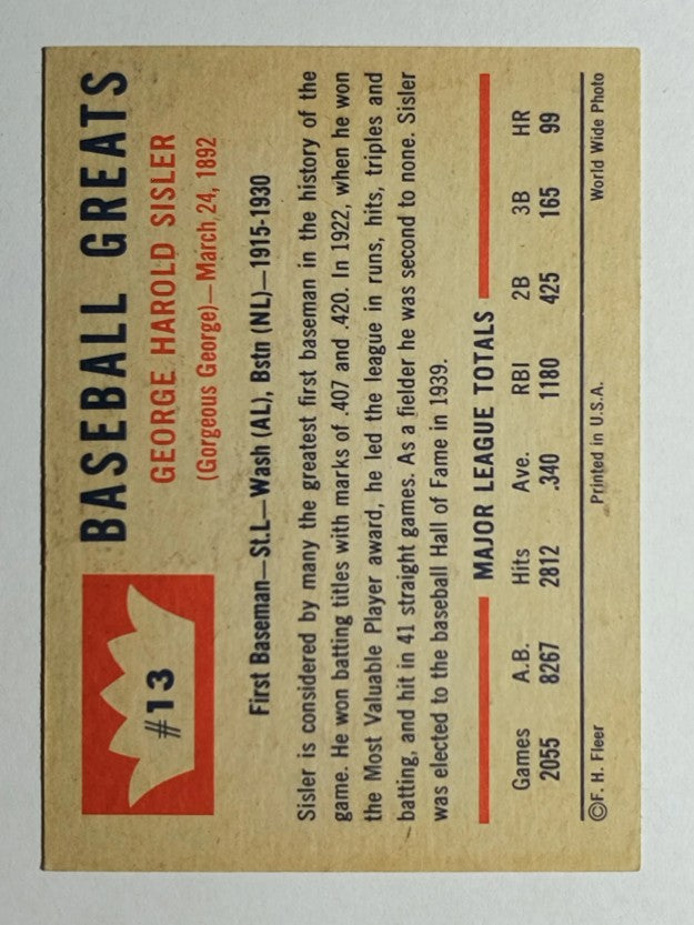 1960 Fleer #13 George Sisler (EXMT)