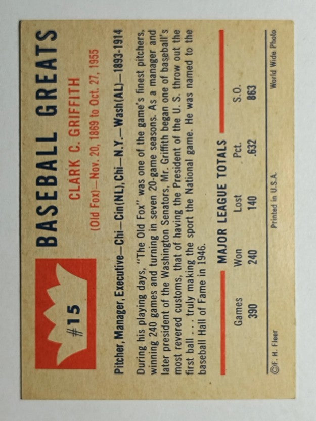 1960 Fleer #15 Clark Griffith (VGEX)