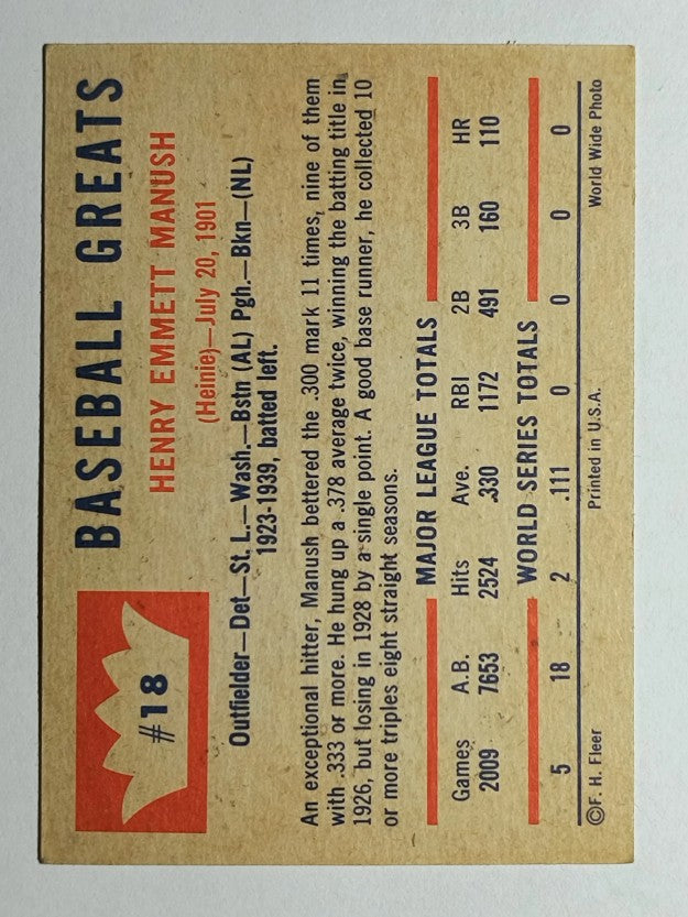 1960 Fleer #18 Heinie Manush (EX)