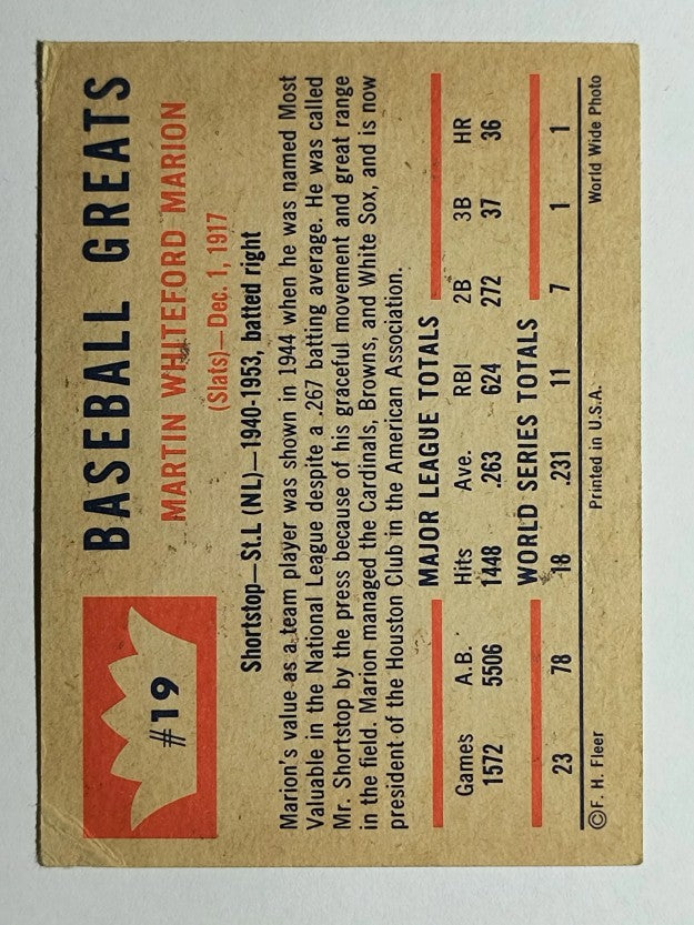 1960 Fleer #19 Marty Marion (VGEX)