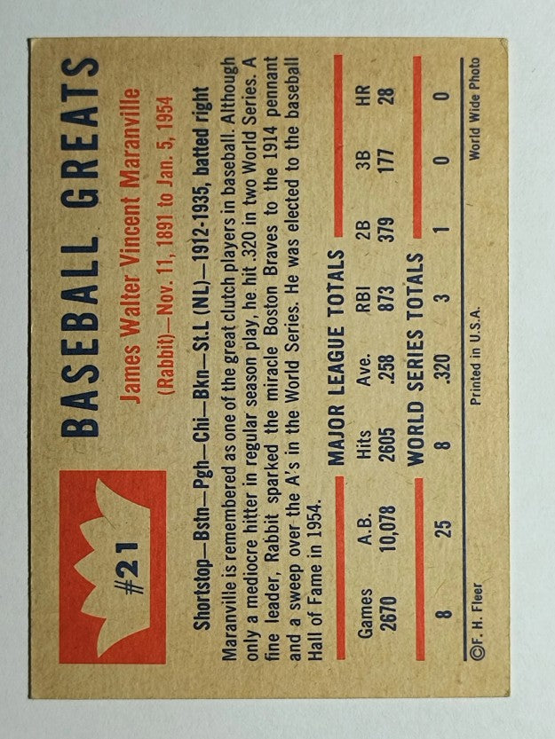 1960 Fleer #21 Rabbit Maranville (EXMT)