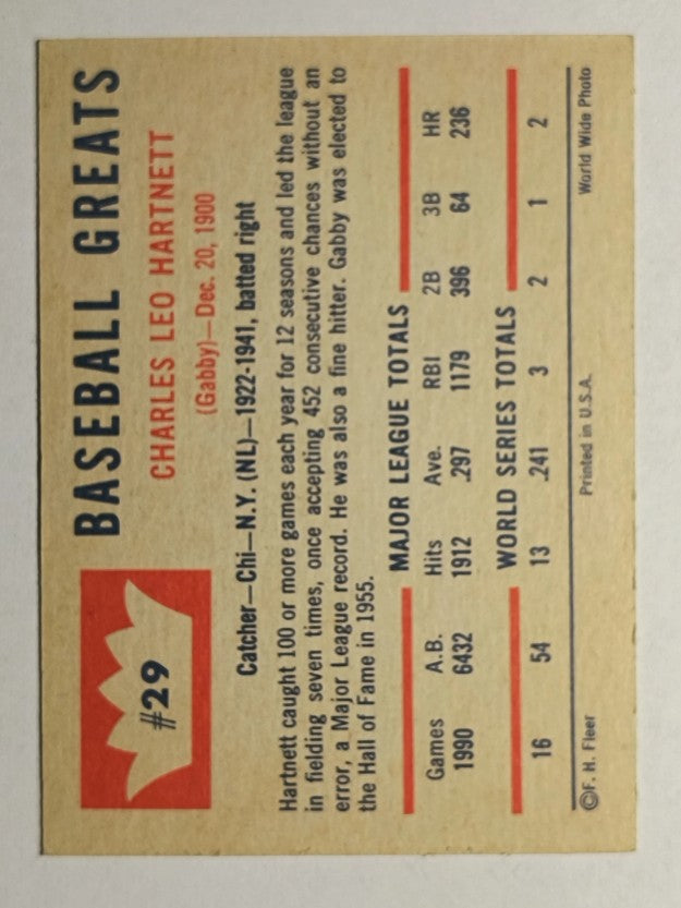 1960 Fleer #29 Gabby Hartnett (EXMT)