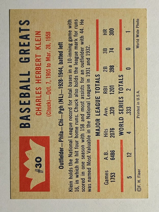 1960 Fleer #30 Chuck Klein (EXMT)