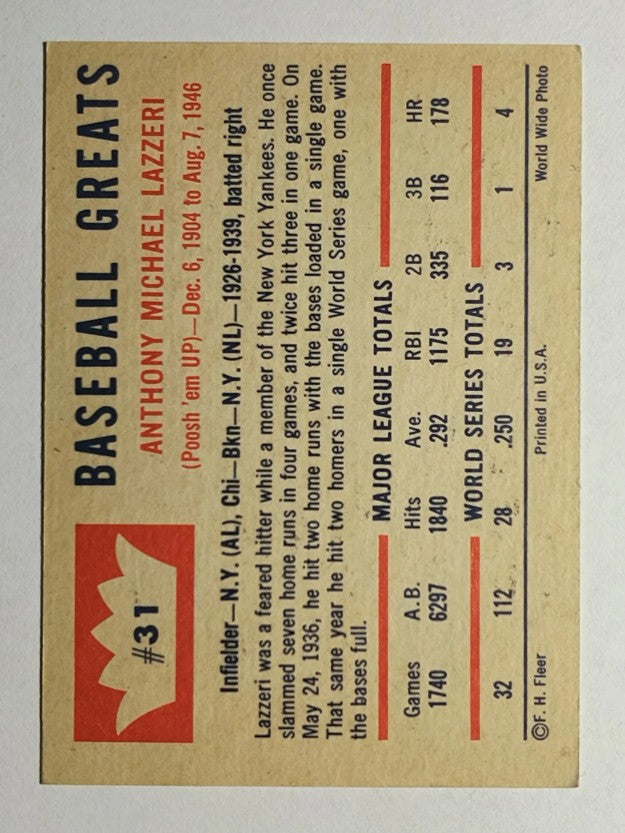 1960 Fleer #31 Tony Lazzeri (EXMT)