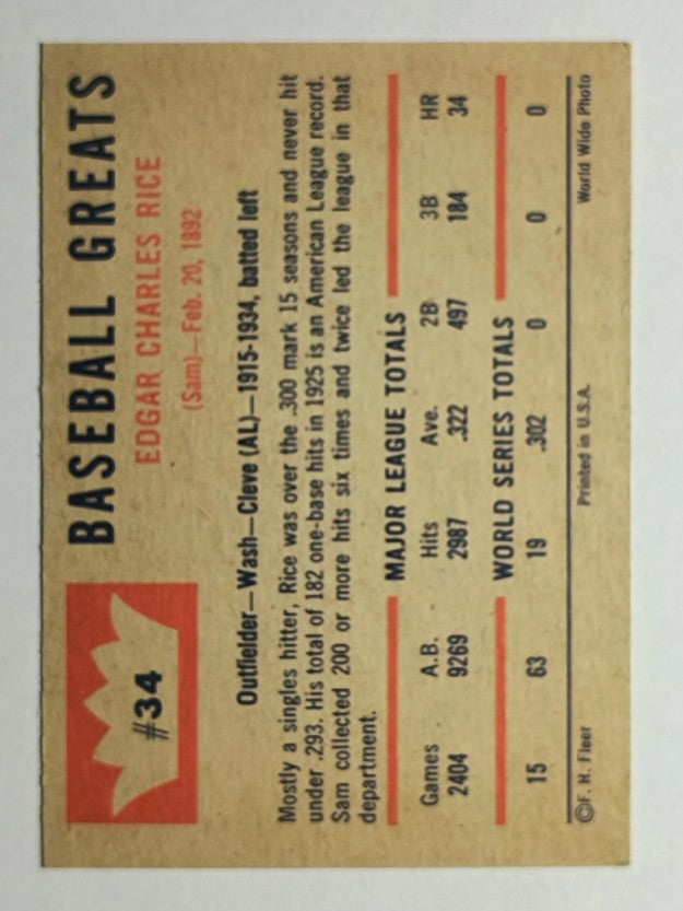 1960 Fleer #34 Sam Rice (EXMT)