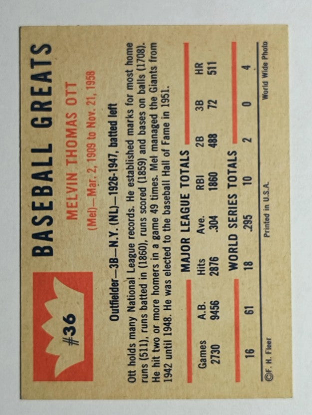 1960 Fleer #36 Mel Ott (EXMT)