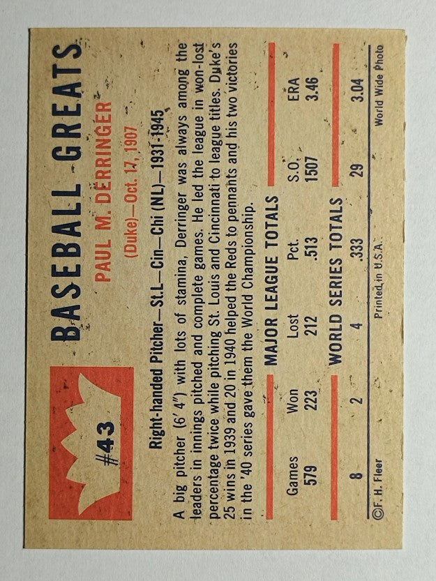 1960 Fleer #43 Paul Derringer (EX)