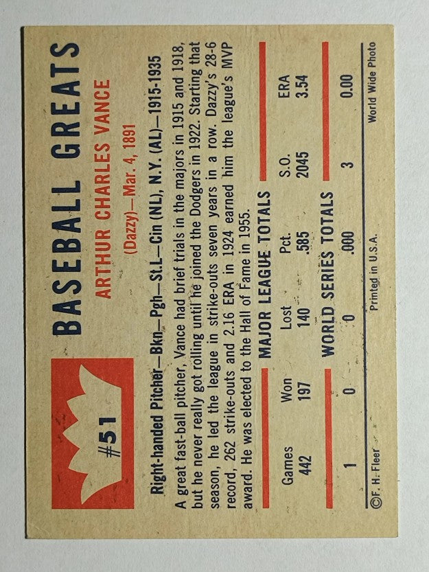1960 Fleer #51 Dazzy Vance (VGEX)