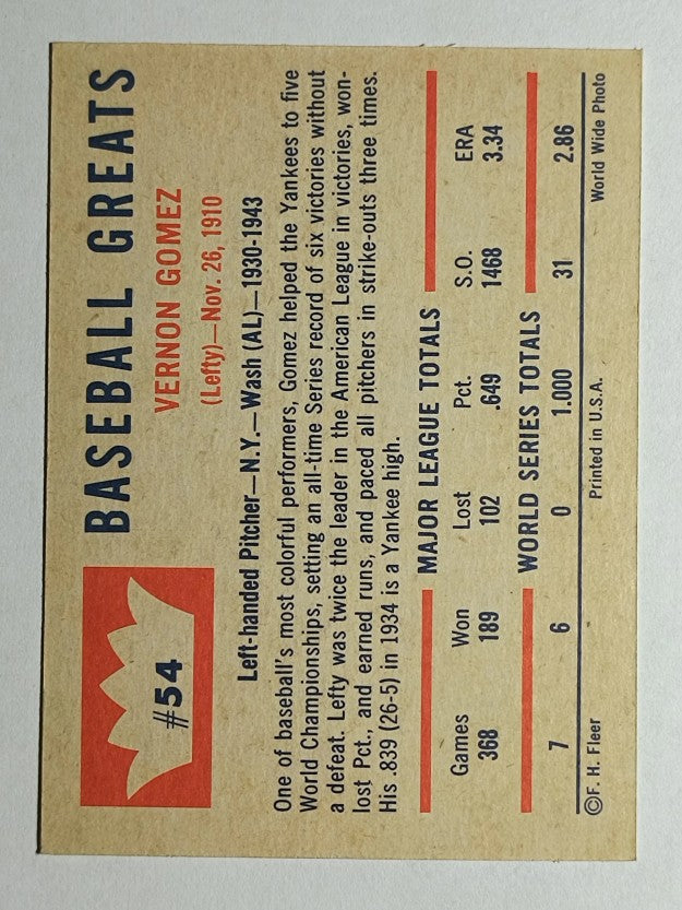 1960 Fleer #54 Lefty Gomez (EXMT)