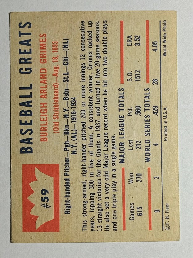 1960 Fleer #59 Burleigh Grimes (VG)