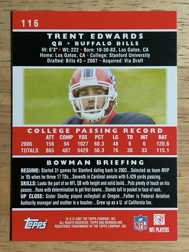 2007 Bowman #116 Trent Edwards RC