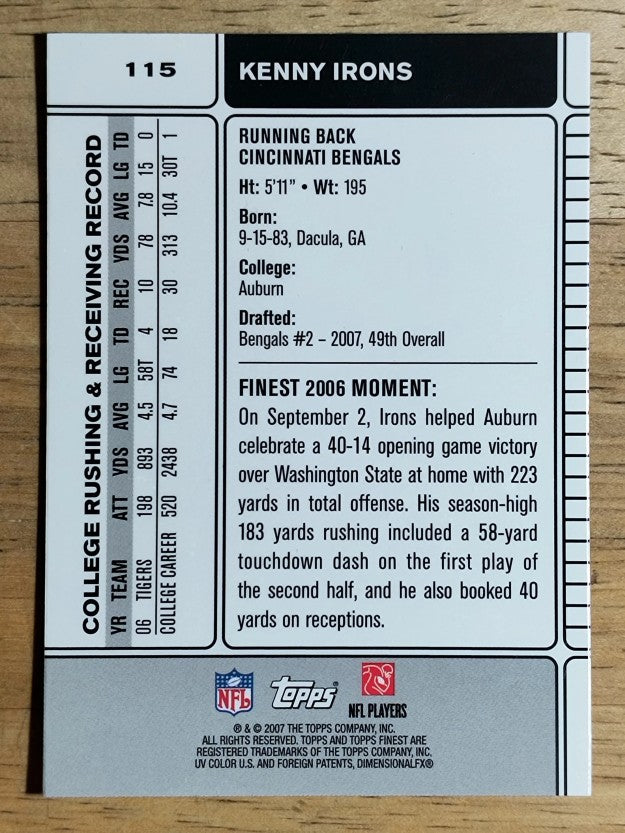 2007 Finest #115 Kenny Irons RC