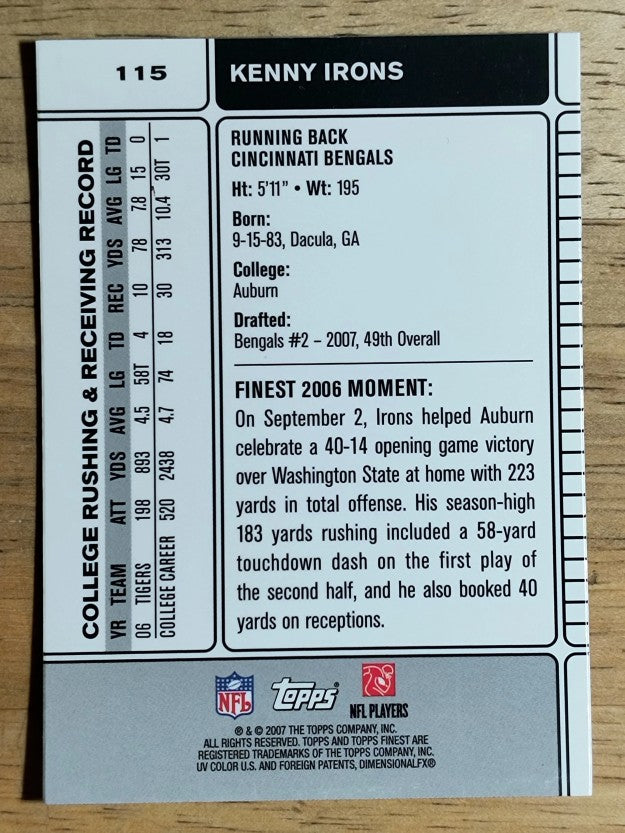 2007 Finest #115 Kenny Irons RC