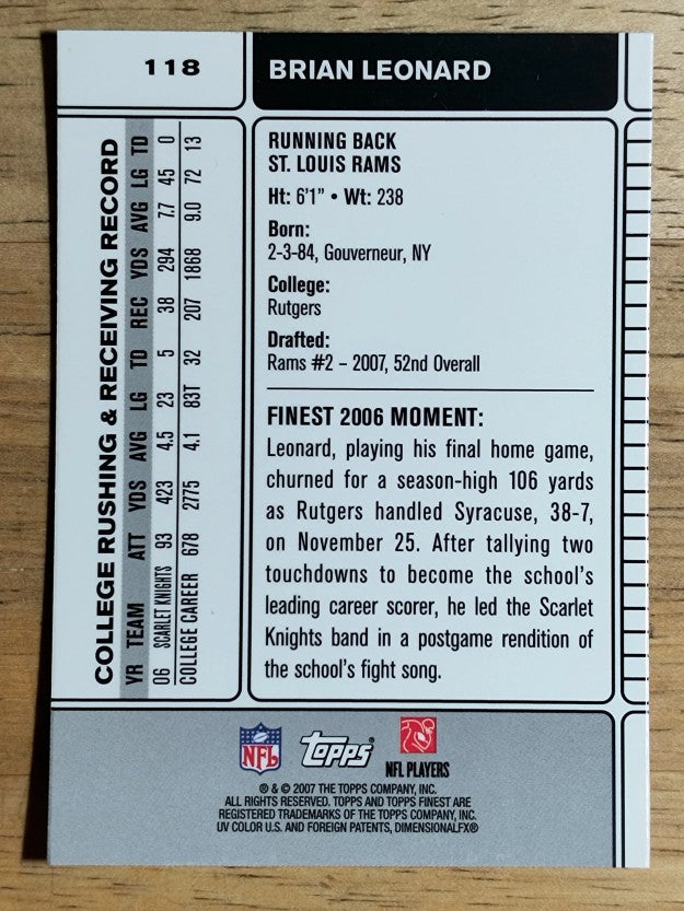 2007 Finest #118 Brian Leonard RC