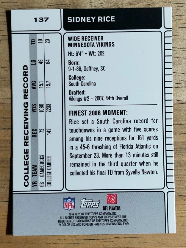 2007 Finest #137 Sidney Rice RC