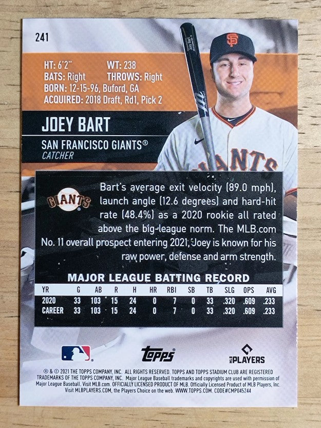 2021 Stadium Club #241 Joey Bart RC