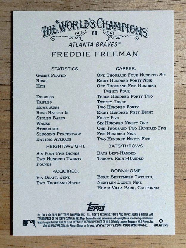 2021 Topps Allen and Ginter #68 Freddie Freeman