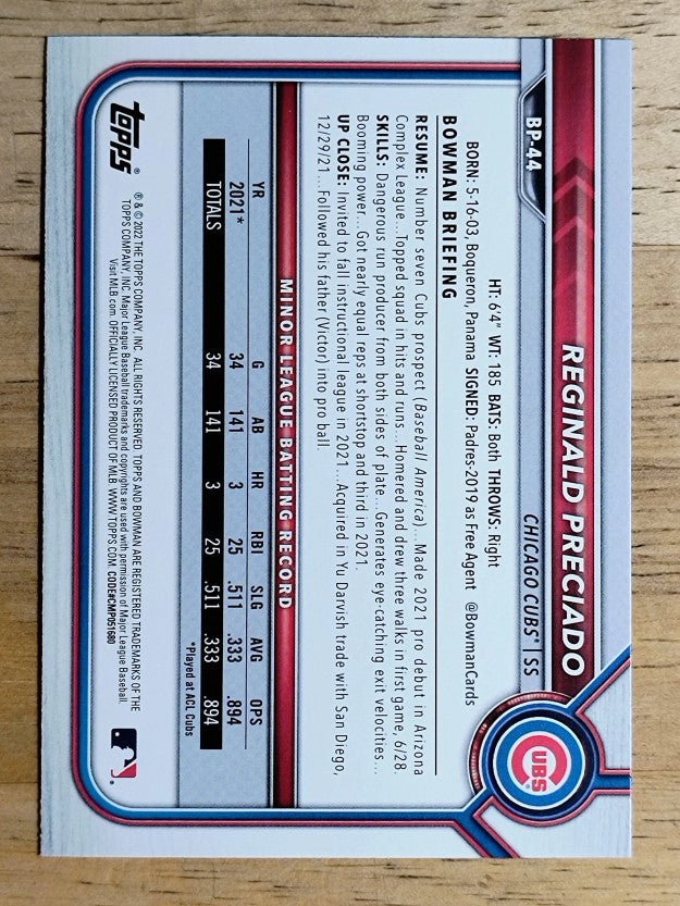 2022 Bowman Prospects #BP44 Reginald Preciado