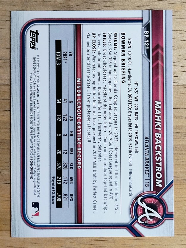 2022 Bowman Prospects #BP121 Mahki Backstrom