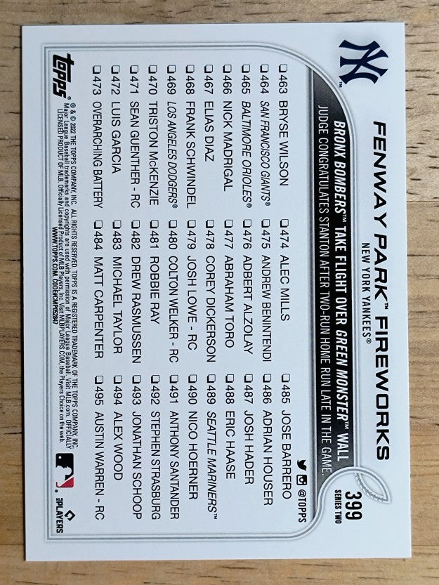 2022 Topps #399 Fenway Park Fireworks/Aaron Judge/Giancarlo Stanton