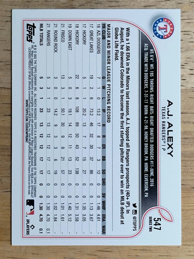 2022 Topps #547 A.J. Alexy RC