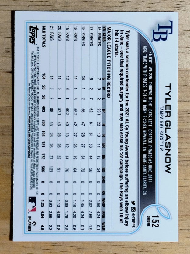 2022 Topps Chrome Pink Refractors #152 Tyler Glasnow