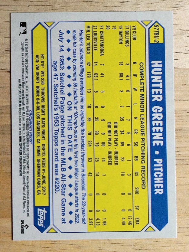 2022 Topps Update '87 Topps #87TBU2 Hunter Greene